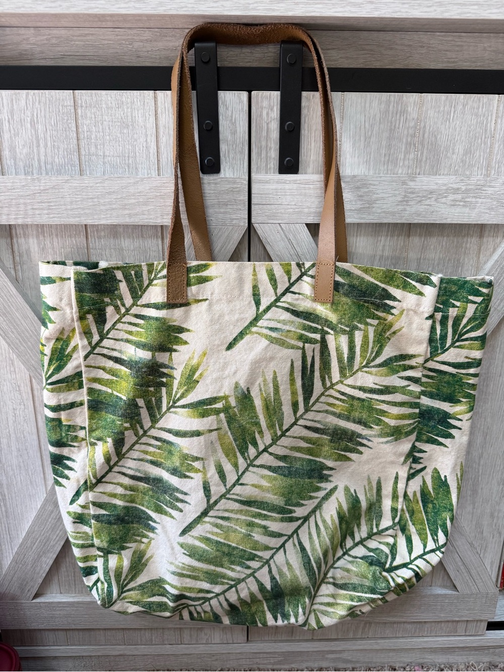 Tropical Leaf Print Canvas Tote with Brown faux leather Straps- 14x17”